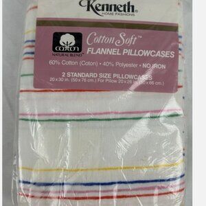 NEW Vintage Kenneth 2 Flannel Pillowcases White Bright Striped 80s 90s USA